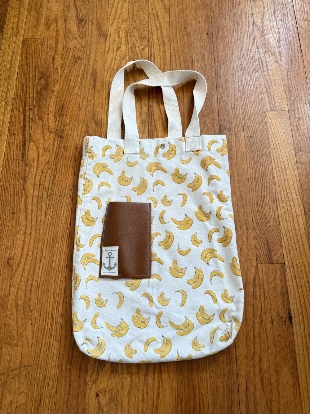Canvas Banana Print Tote with Brown Accent Pocket